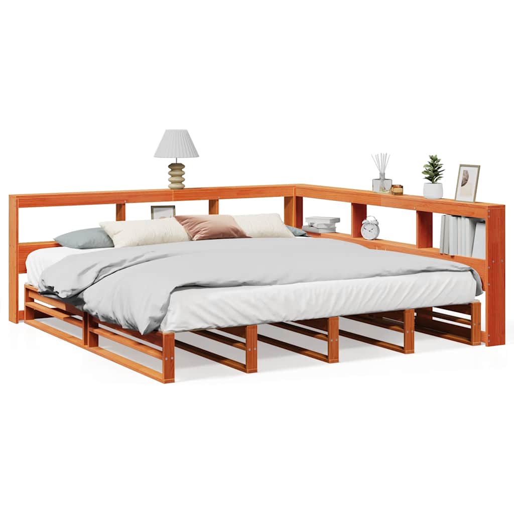 Seng med bokhylle uten madrass voksbrun 180x200 cm heltre furu