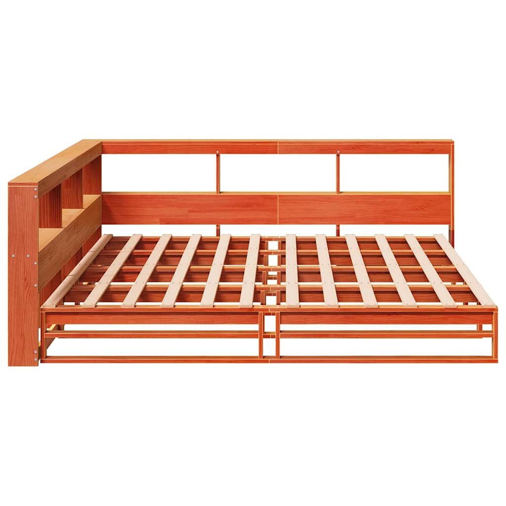 Seng med bokhylle uten madrass voksbrun 180x200 cm heltre furu