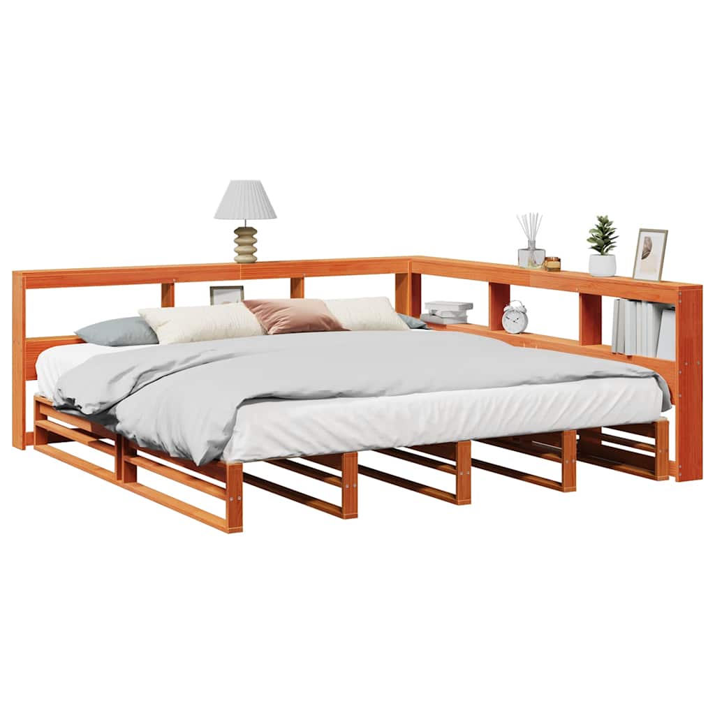 Seng med bokhylle uten madrass voksbrun 180x200 cm heltre furu