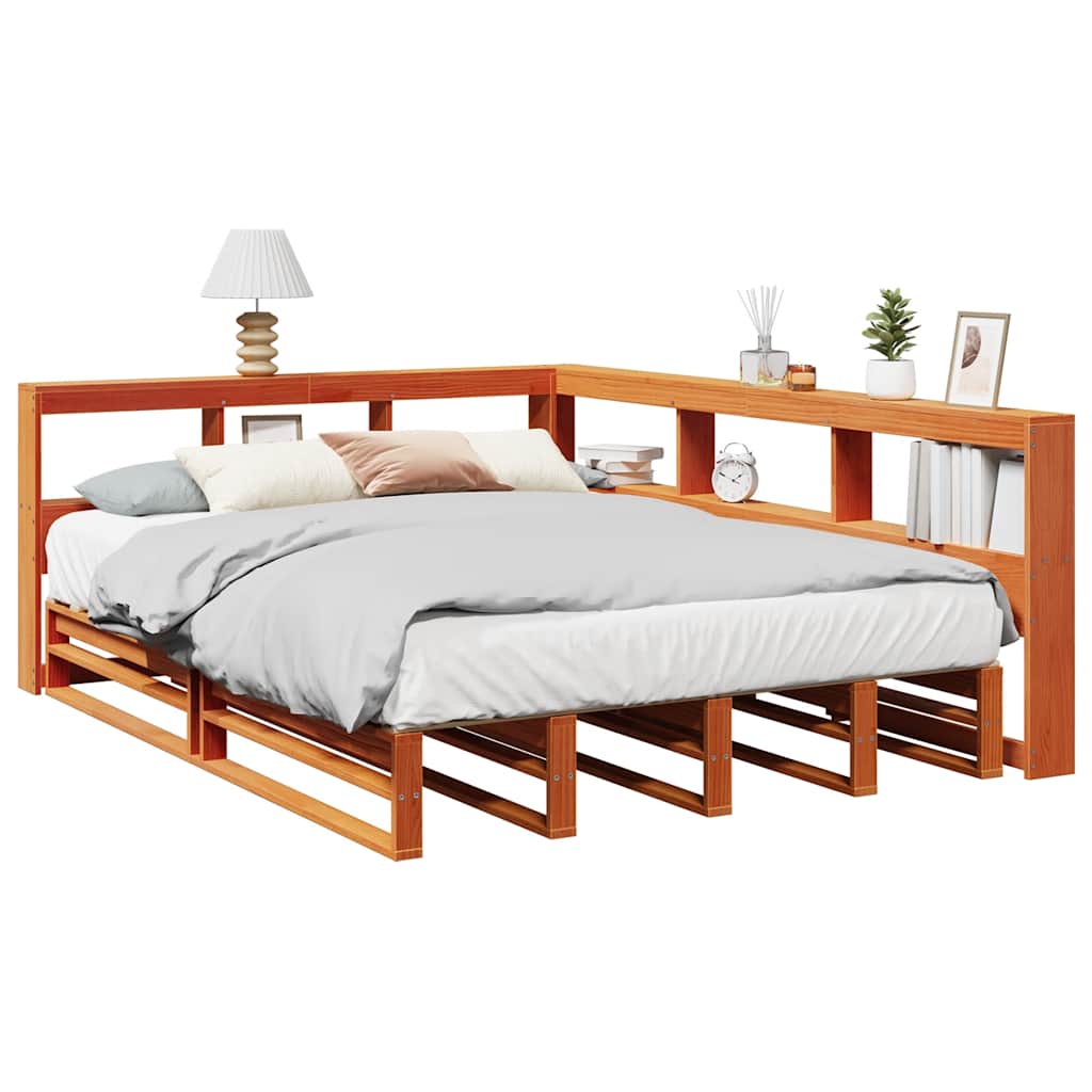 Seng med bokhylle uten madrass voksbrun 160x200 cm heltre furu