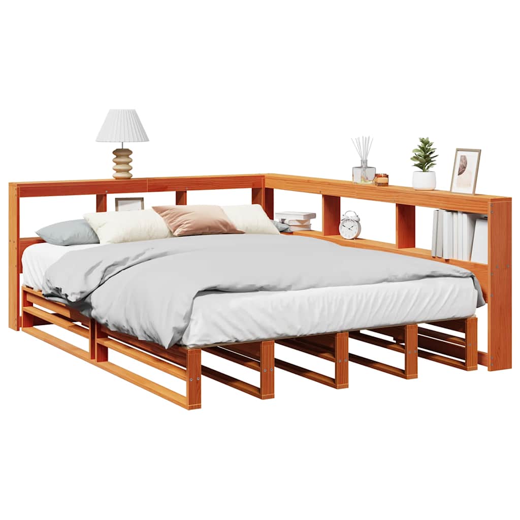 Seng med bokhylle uten madrass voksbrun 140x200 cm heltre furu