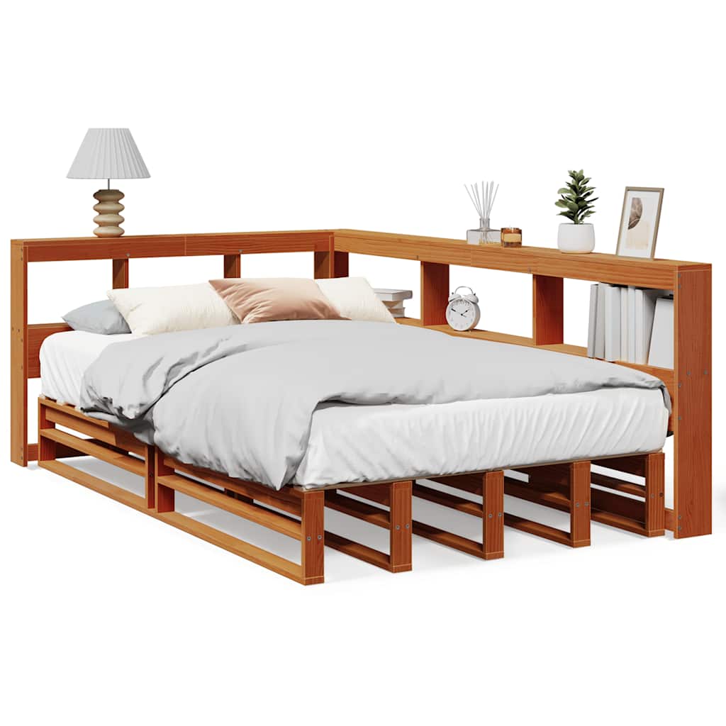 Seng med bokhylle uten madrass voksbrun 120x200 cm heltre furu