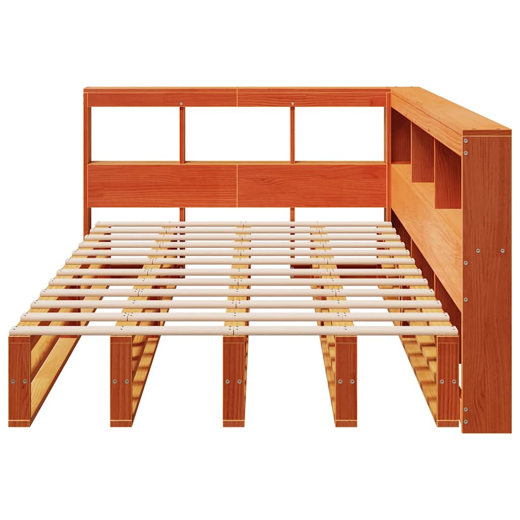 Seng med bokhylle uten madrass voksbrun 120x200 cm heltre furu