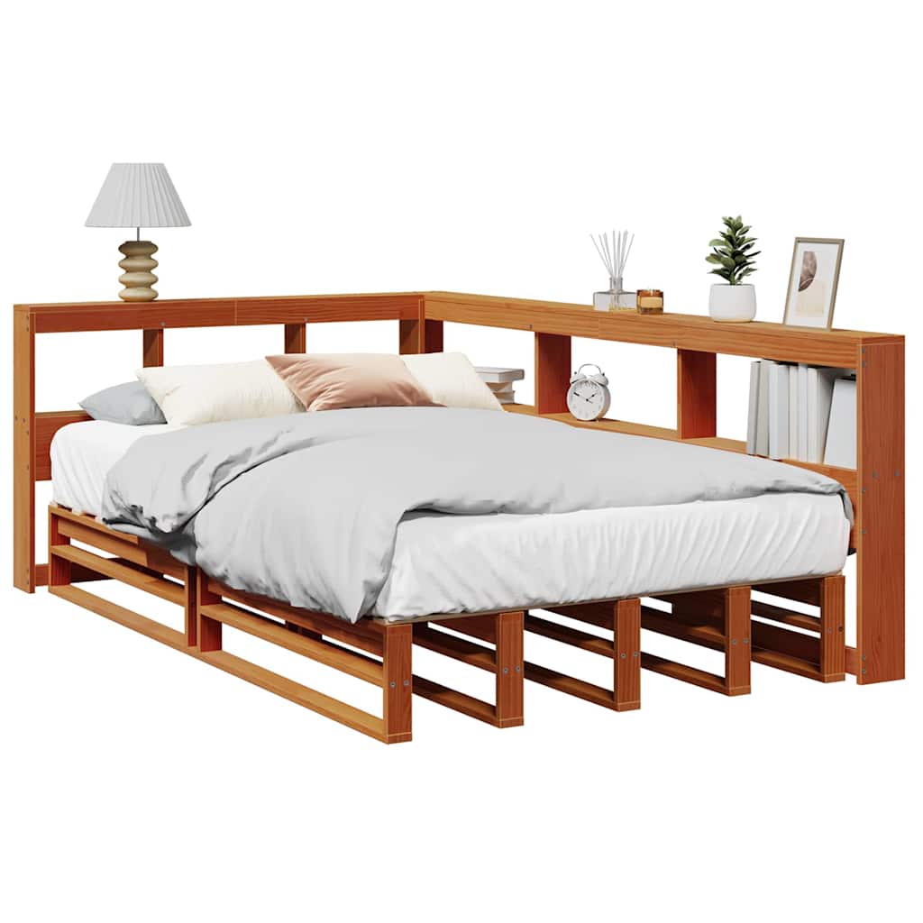 Seng med bokhylle uten madrass voksbrun 120x200 cm heltre furu