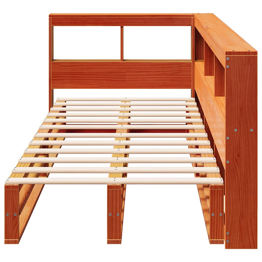 Seng med bokhylle uten madrass voksbrun 100x200 cm heltre furu