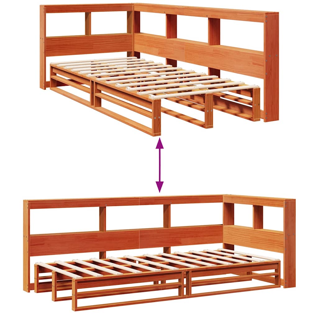 Seng med bokhylle uten madrass voksbrun 100x200 cm heltre furu
