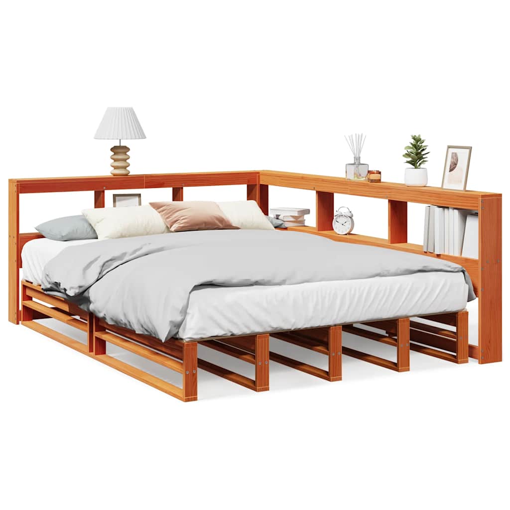 Seng med bokhylle uten madrass voksbrun 140x190 cm heltre furu