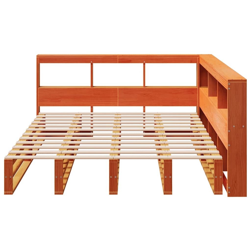 Seng med bokhylle uten madrass voksbrun 140x190 cm heltre furu