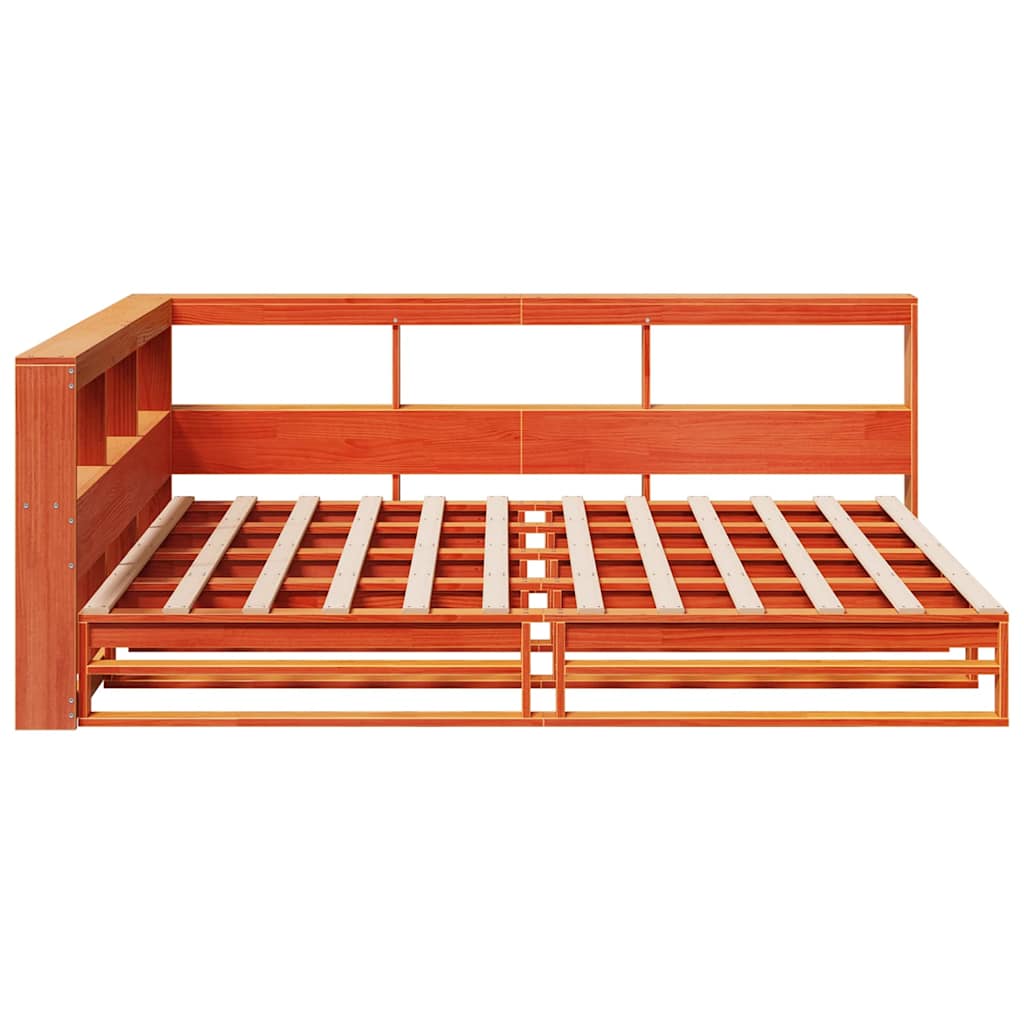 Seng med bokhylle uten madrass voksbrun 140x190 cm heltre furu