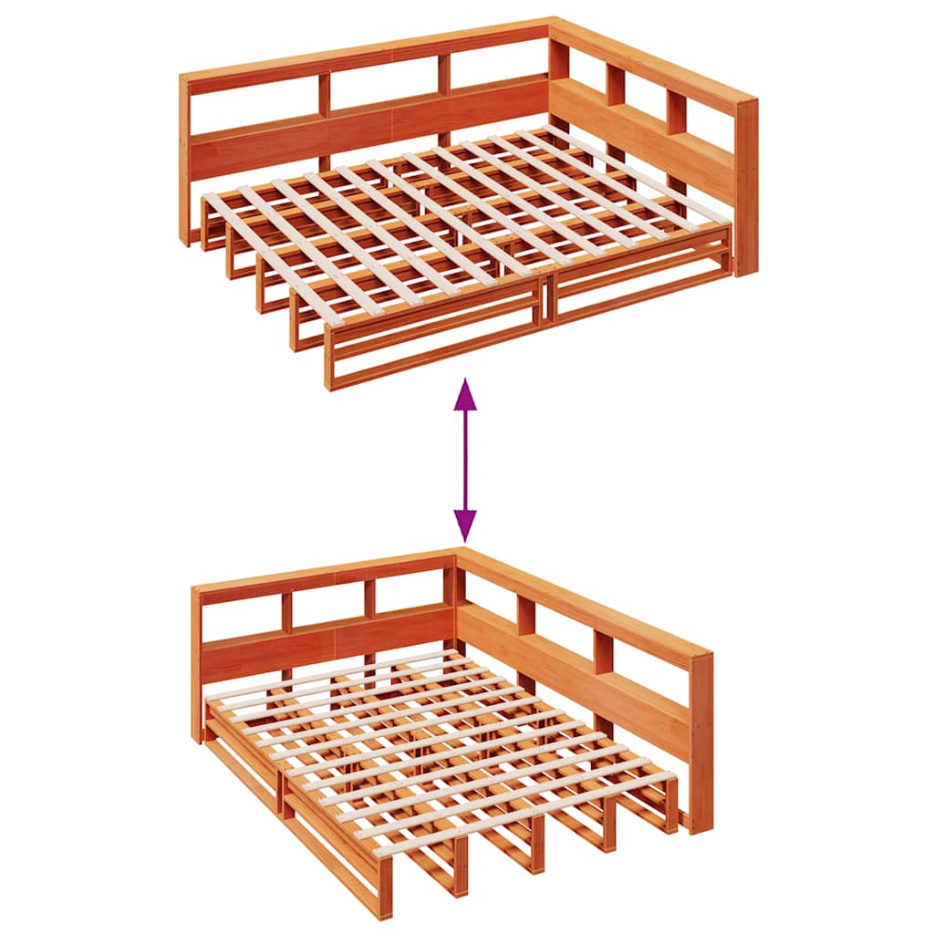 Seng med bokhylle uten madrass voksbrun 140x190 cm heltre furu
