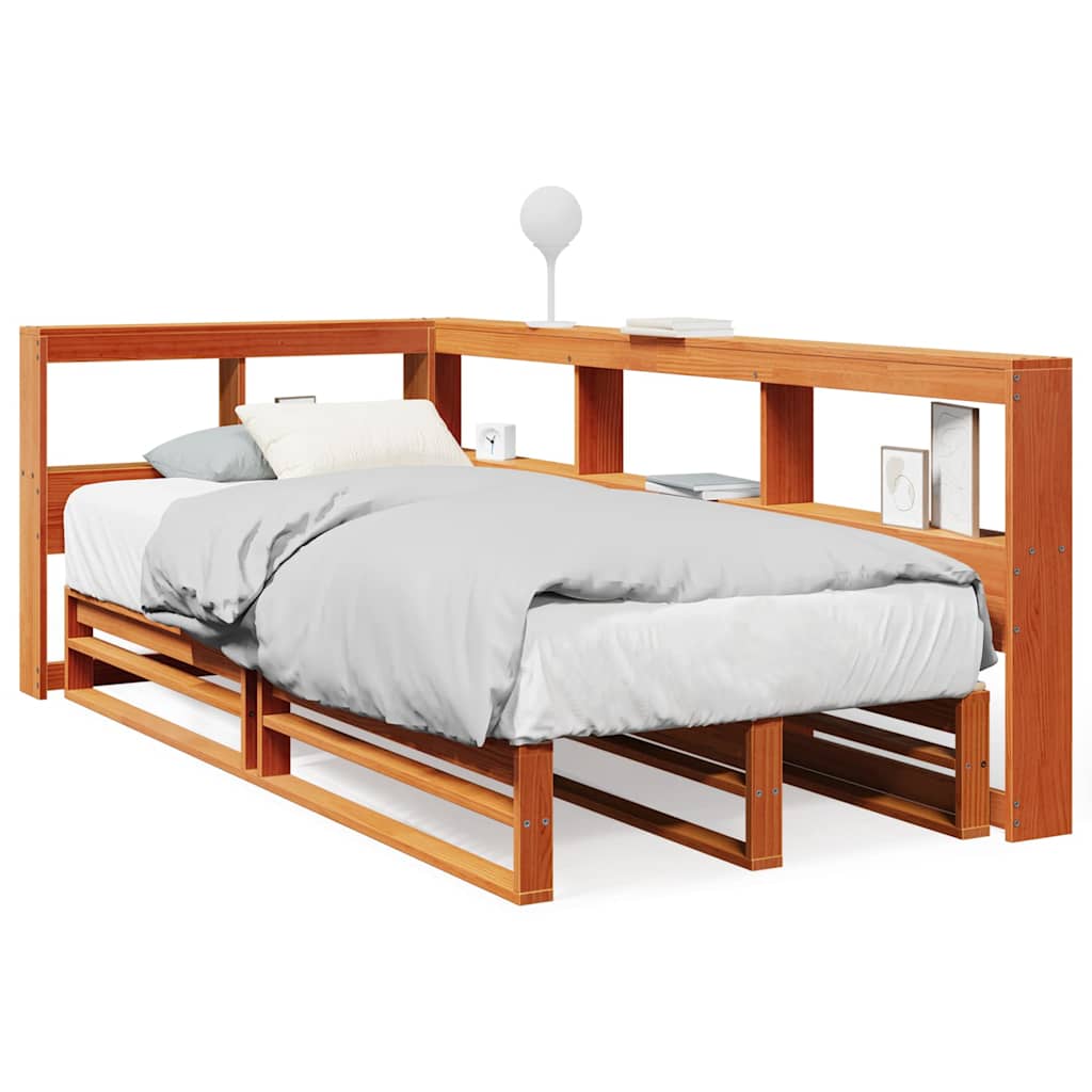 Seng med bokhylle uten madrass voksbrun 90x190 cm heltre furu