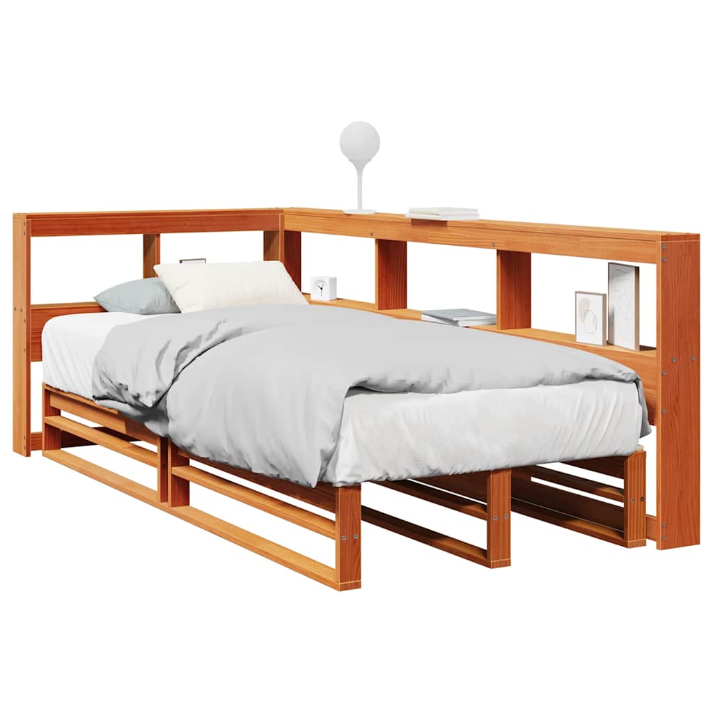 Seng med bokhylle uten madrass voksbrun 90x190 cm heltre furu
