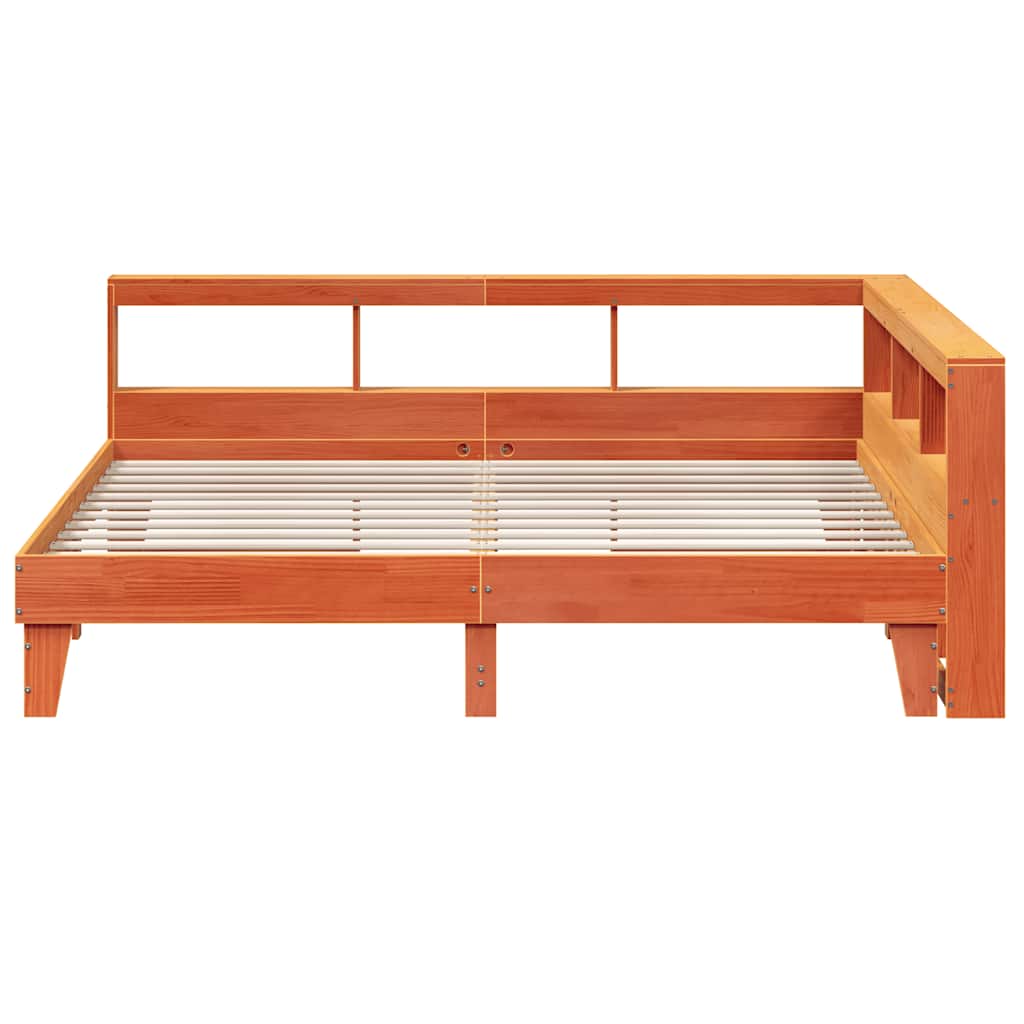 Seng med bokhylle uten madrass voksbrun 200x200 cm heltre furu