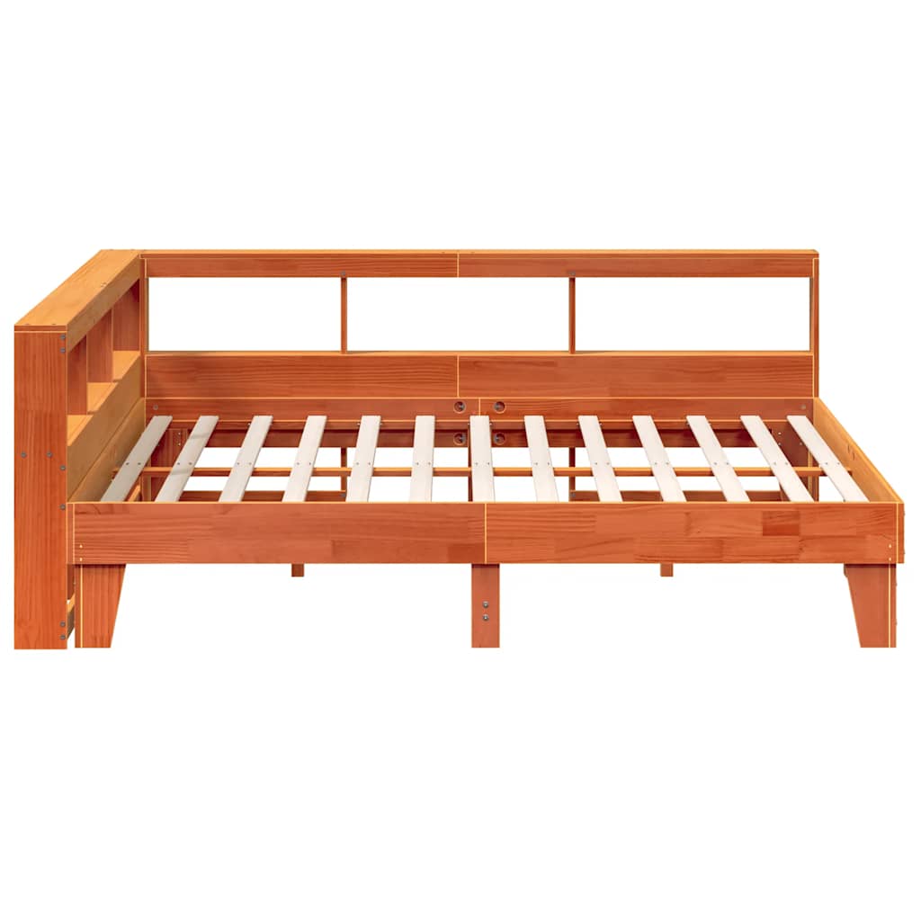 Seng med bokhylle uten madrass voksbrun 200x200 cm heltre furu