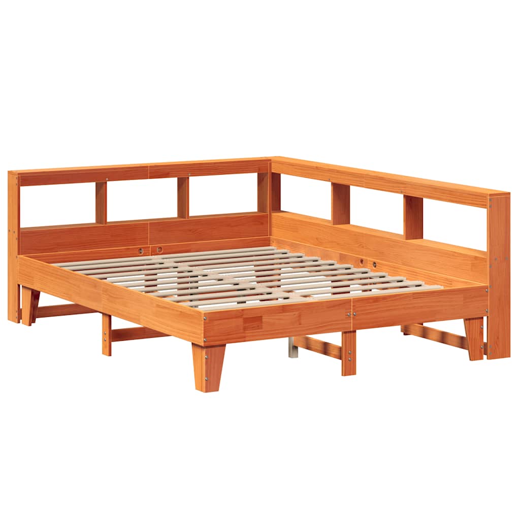 Seng med bokhylle uten madrass voksbrun 140x200 cm heltre furu