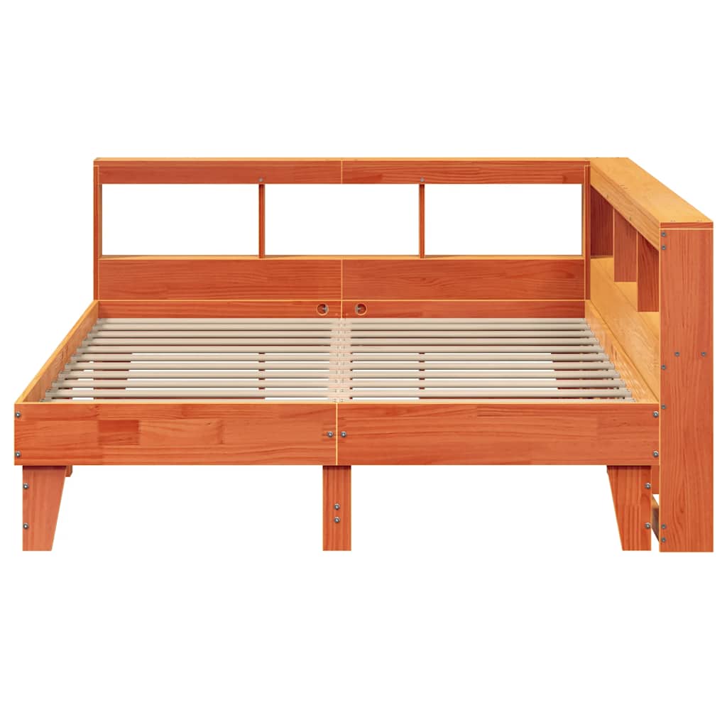 Seng med bokhylle uten madrass voksbrun 140x200 cm heltre furu