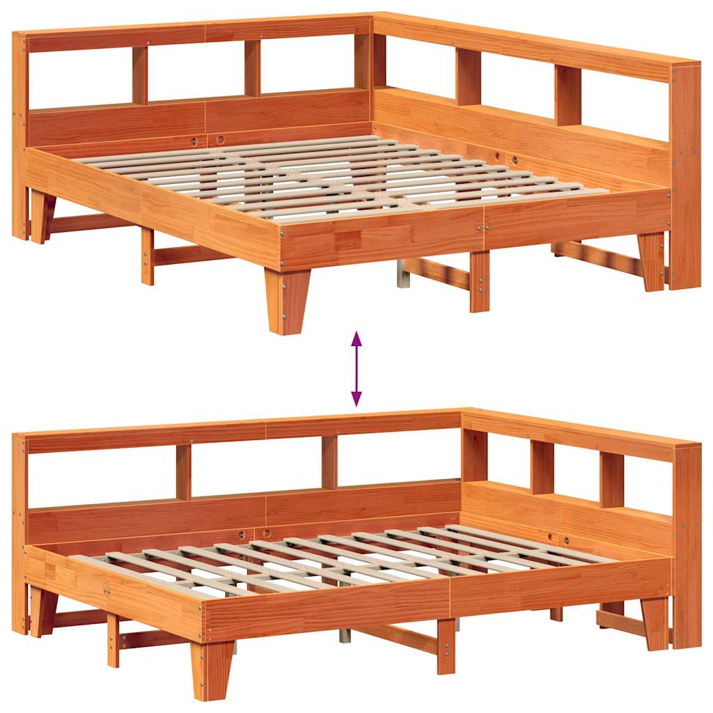 Seng med bokhylle uten madrass voksbrun 140x200 cm heltre furu