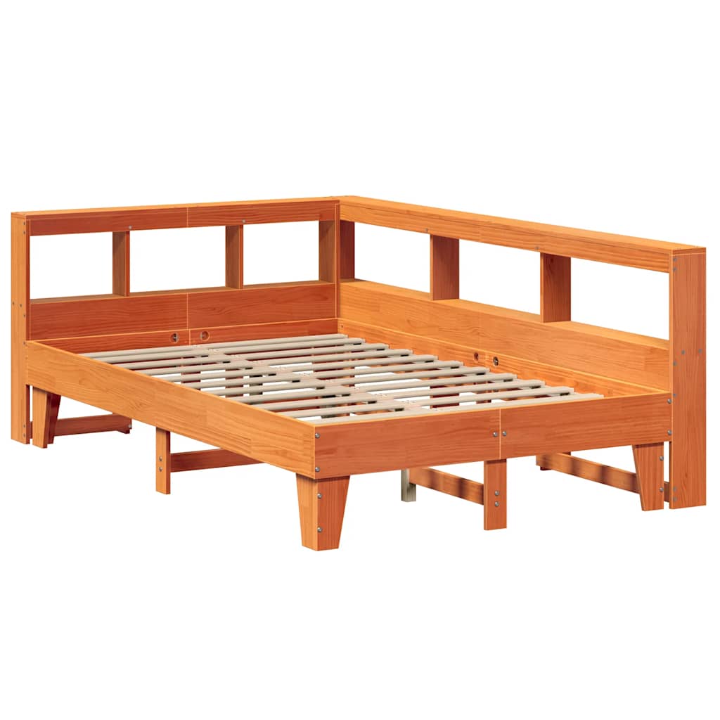 Seng med bokhylle uten madrass voksbrun 120x200 cm heltre furu