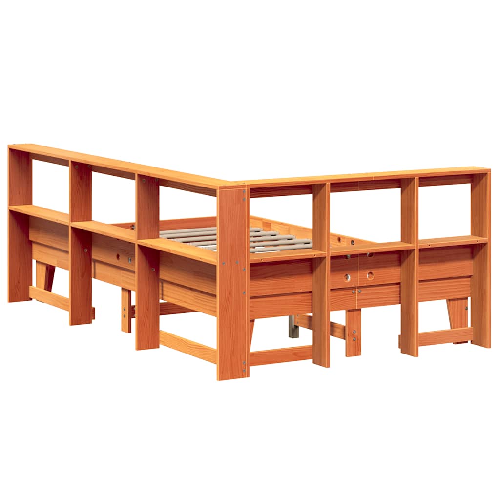 Seng med bokhylle uten madrass voksbrun 120x200 cm heltre furu