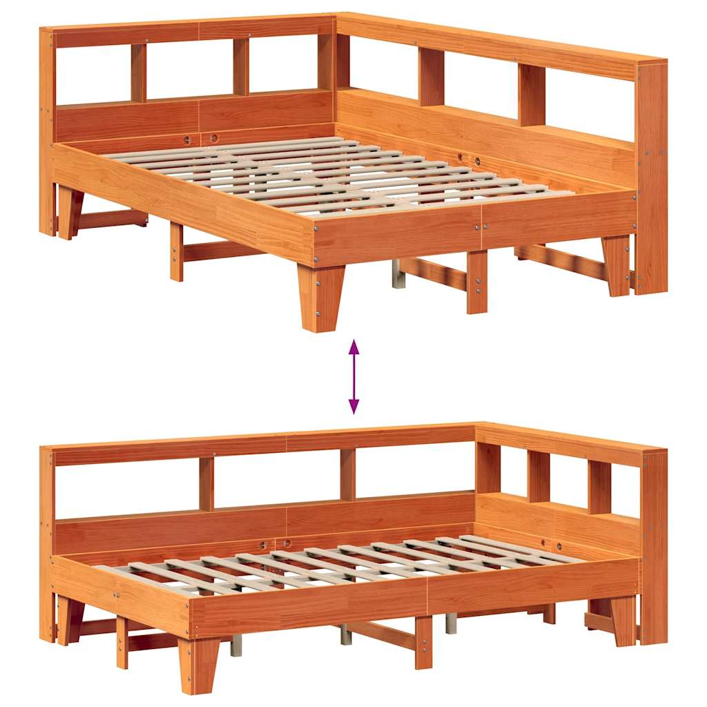 Seng med bokhylle uten madrass voksbrun 120x200 cm heltre furu