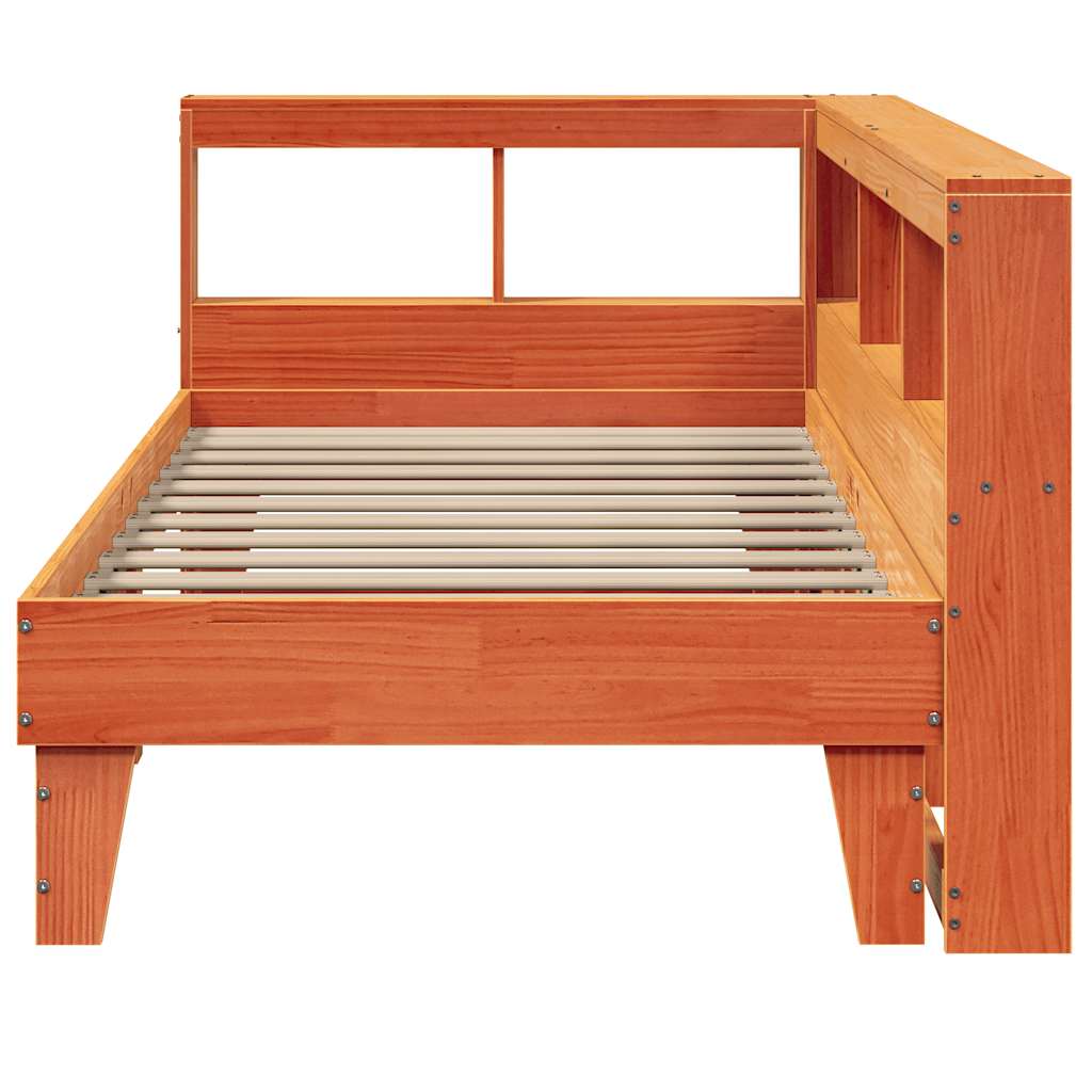 Seng med bokhylle uten madrass voksbrun 100x200 cm heltre furu