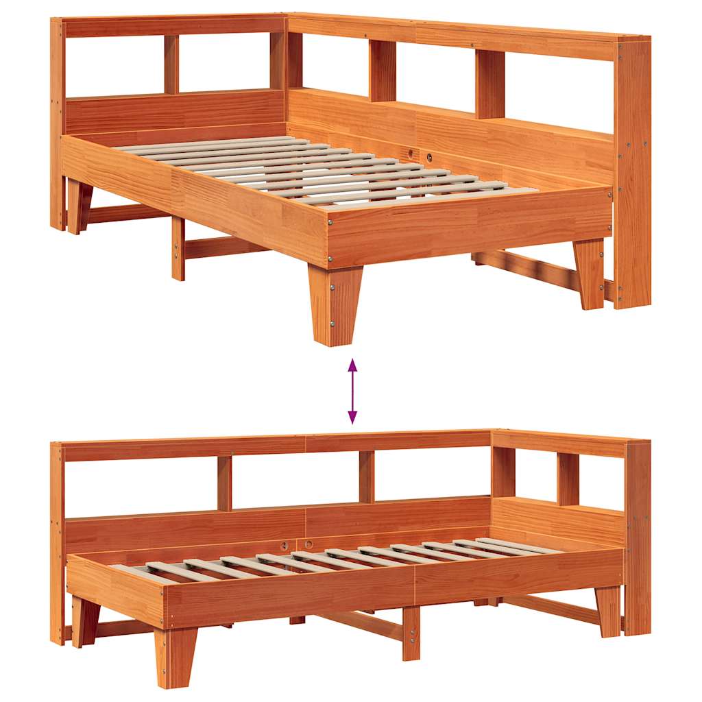 Seng med bokhylle uten madrass voksbrun 100x200 cm heltre furu