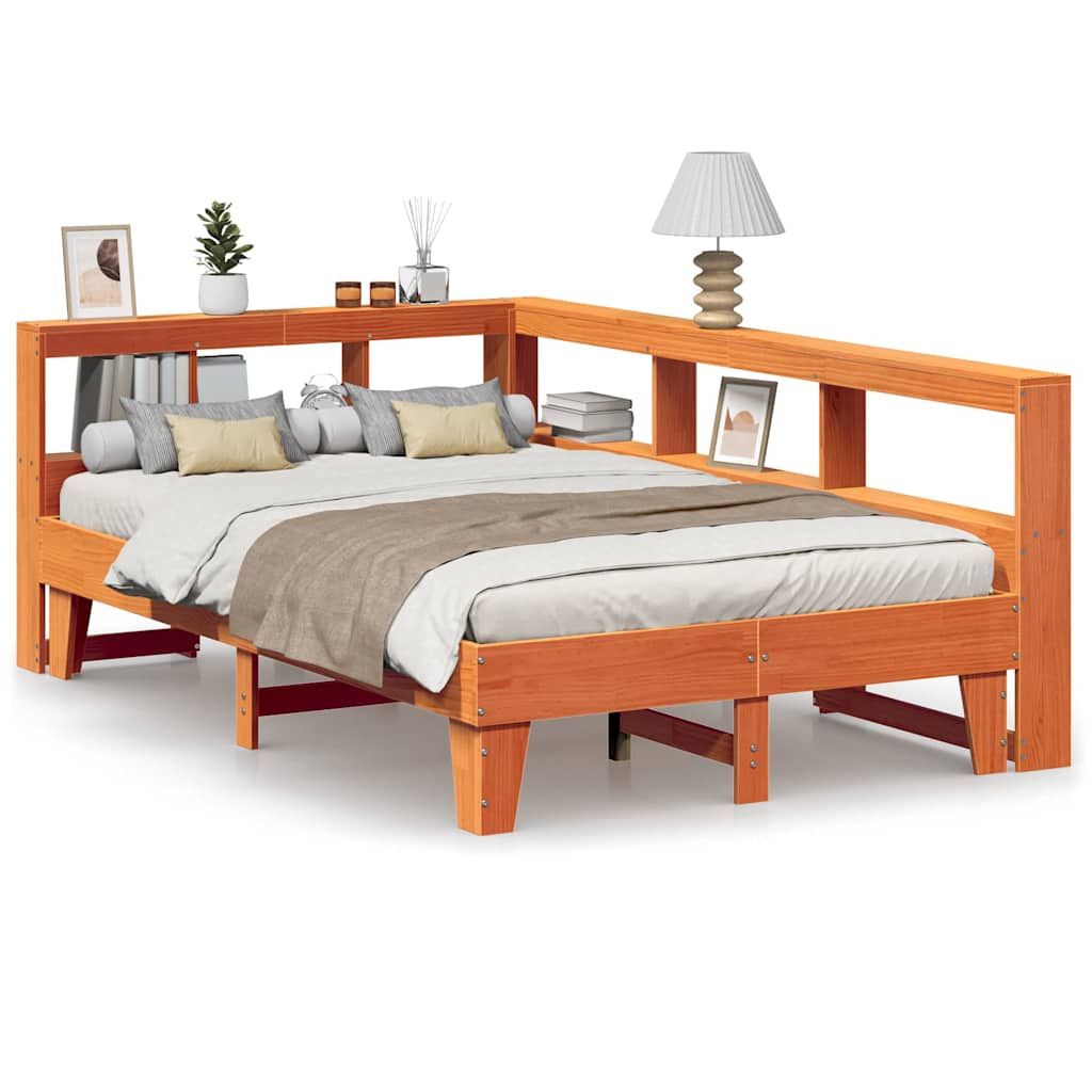 Seng med bokhylle uten madrass voksbrun 140x190 cm heltre furu