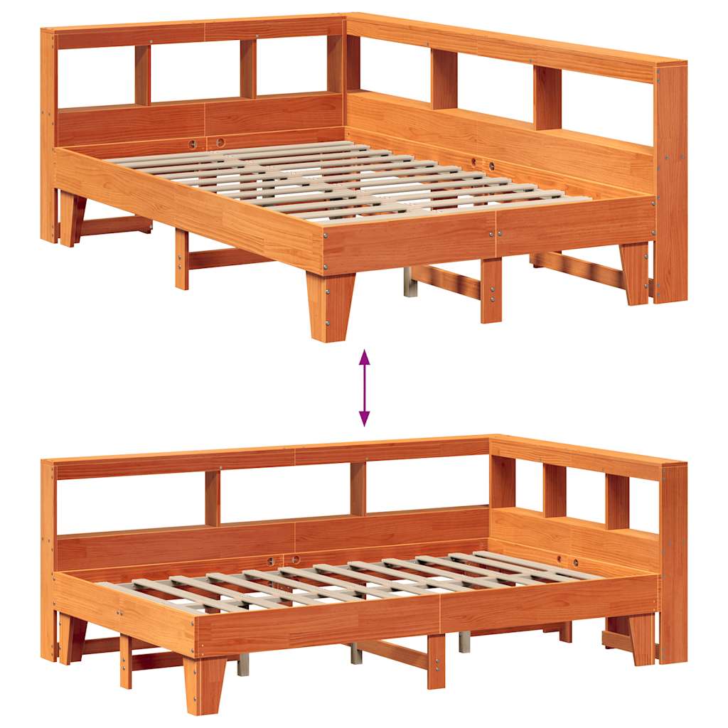 Seng med bokhylle uten madrass voksbrun 140x190 cm heltre furu