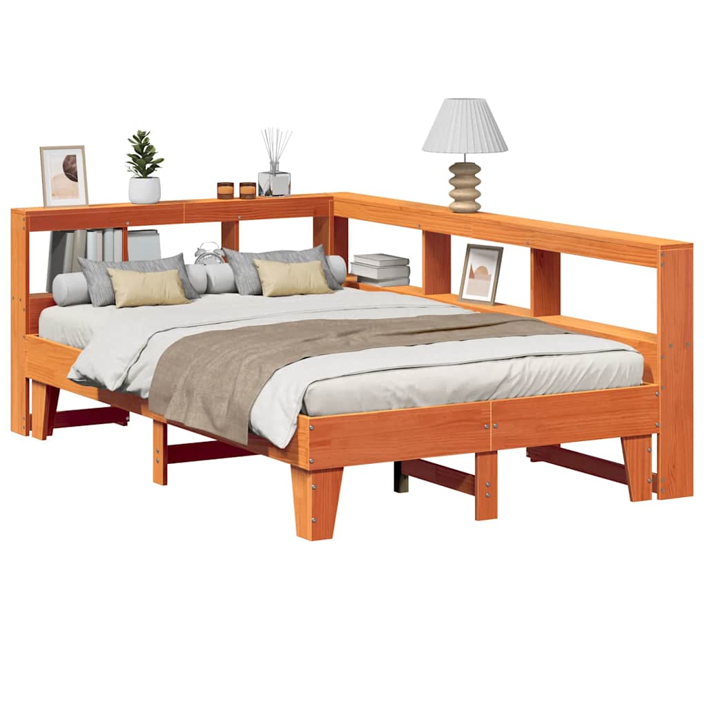 Seng med bokhylle uten madrass voksbrun 140x190 cm heltre furu