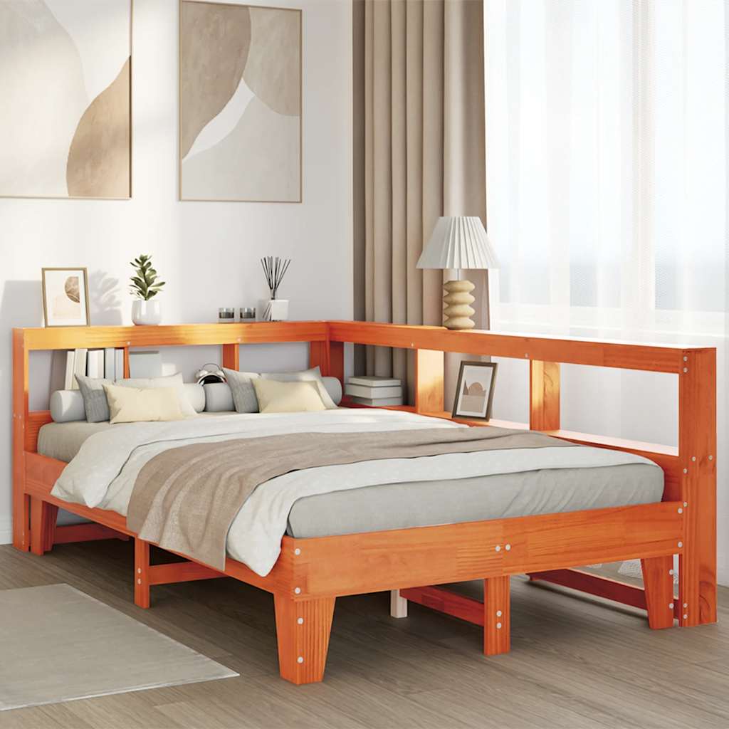 Seng med bokhylle uten madrass voksbrun 135x190 cm heltre furu