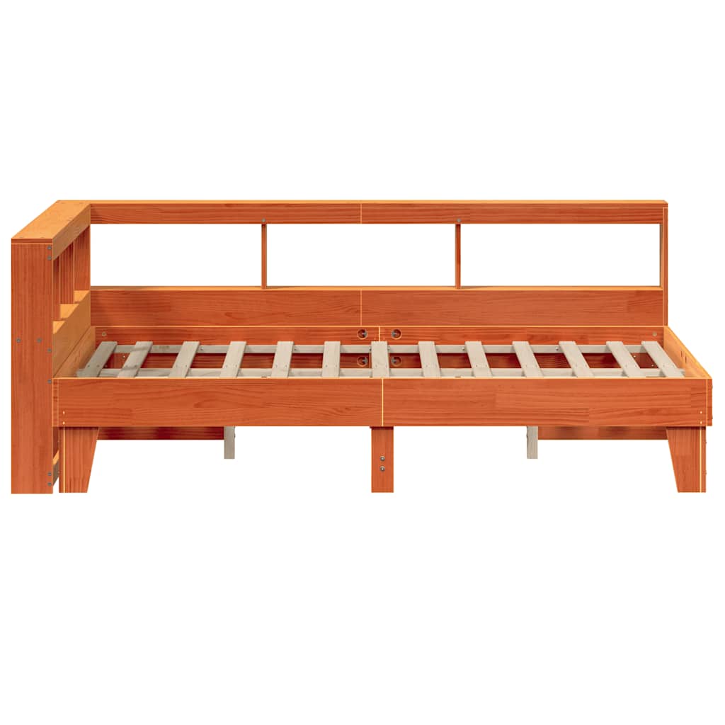 Seng med bokhylle uten madrass voksbrun 135x190 cm heltre furu