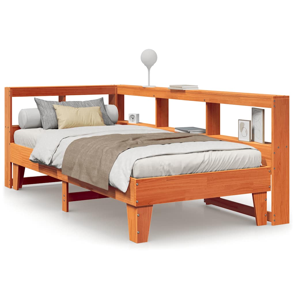 Seng med bokhylle uten madrass voksbrun 90x190 cm heltre furu