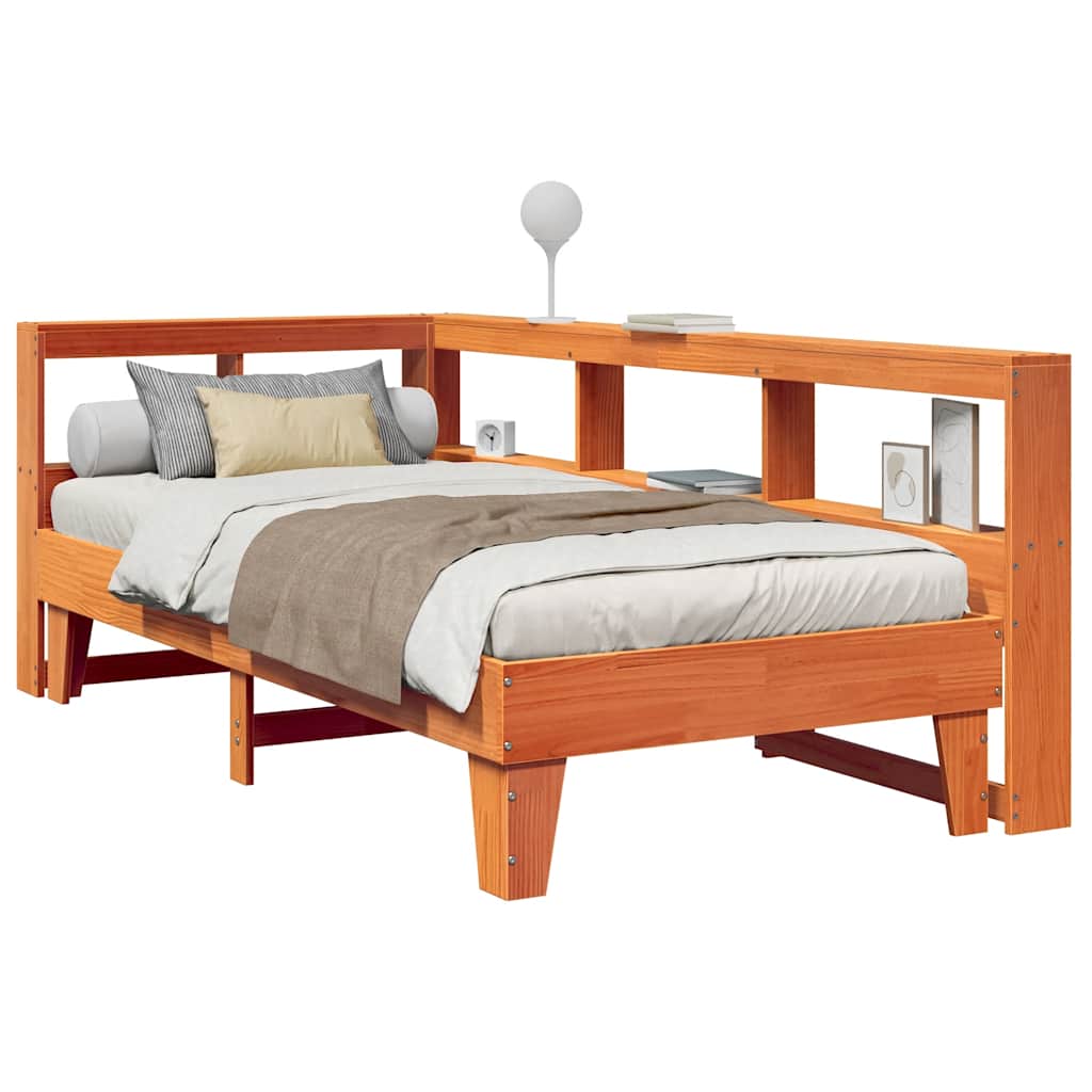 Seng med bokhylle uten madrass voksbrun 90x190 cm heltre furu