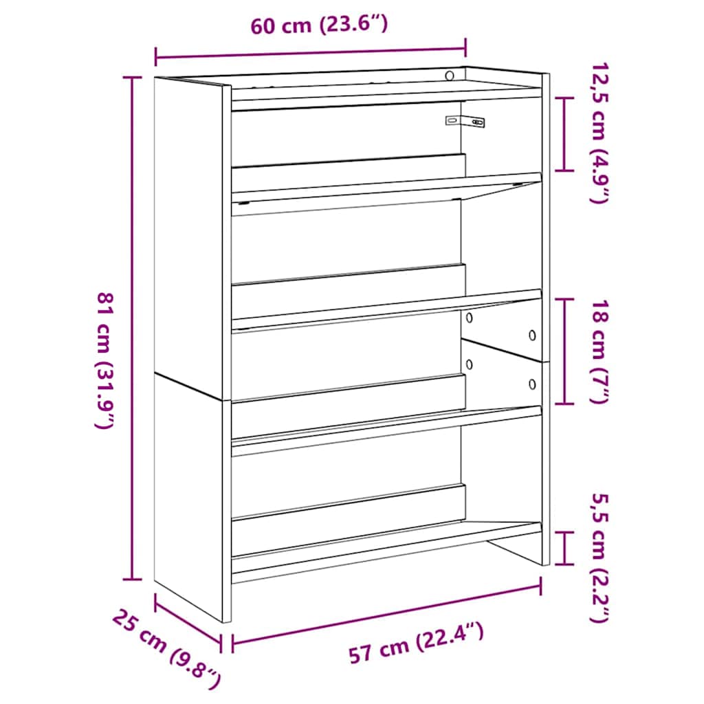 Skohylle hvit 60x25x81 cm konstruert tre