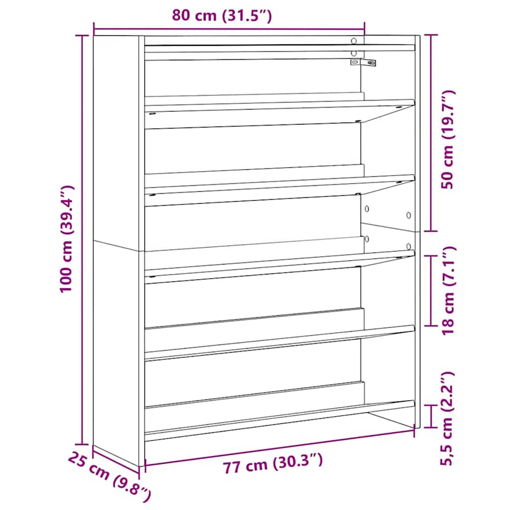 Skohylle hvit 80x25x100 cm konstruert tre