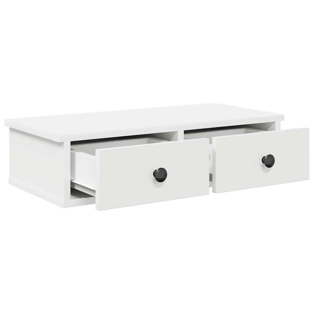 Vegghylle med skuffer hvit 60x28x15 cm konstruert tre