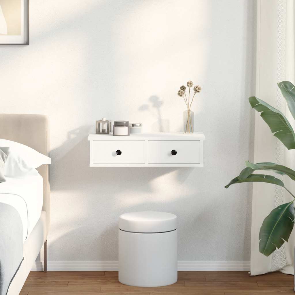 Vegghylle med skuffer hvit 60x28x15 cm konstruert tre