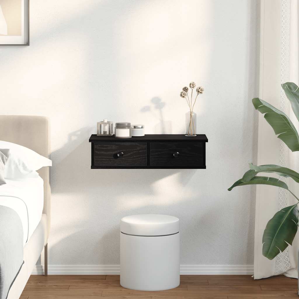 Vegghylle med skuffer svart 60x28x15 cm konstruert tre