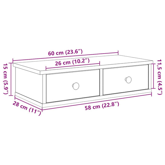 Vegghylle med skuffer svart 60x28x15 cm konstruert tre