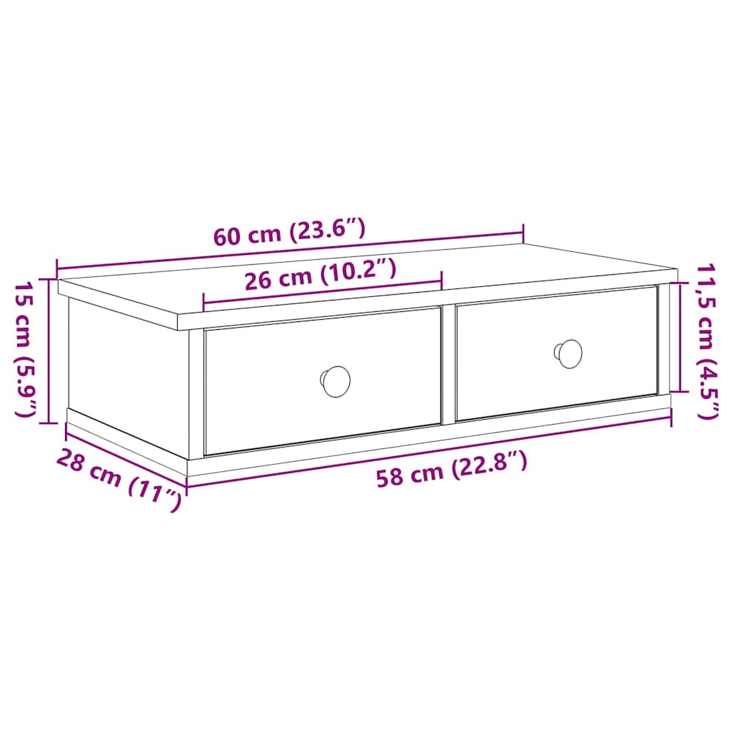 Vegghylle med skuffer sonoma eik 60x25x15 cm konstruert tre