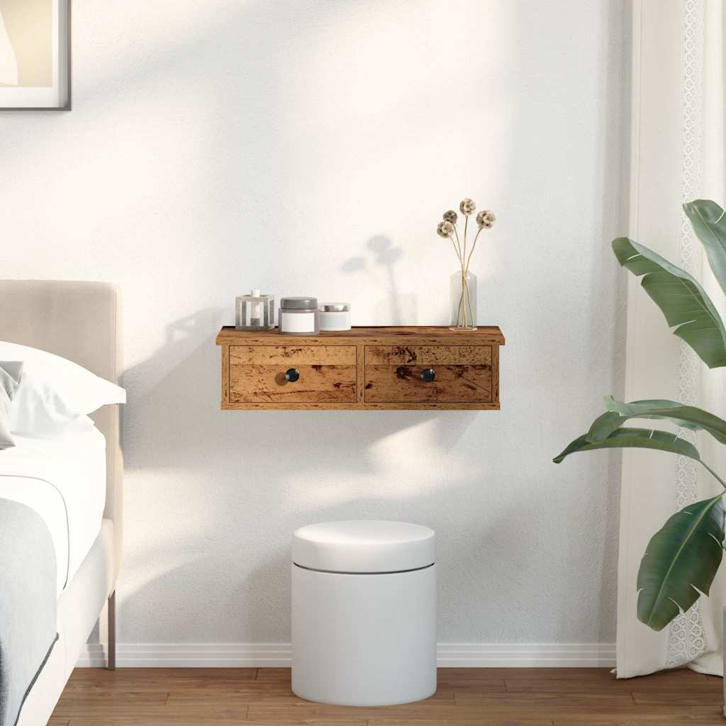 Vegghylle med skuffer gammelt tre 60x28x15 cm konstruert tre