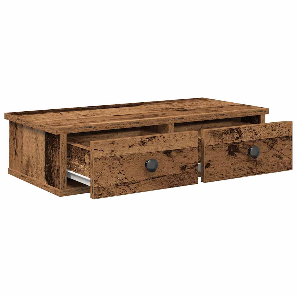 Vegghylle med skuffer gammelt tre 60x28x15 cm konstruert tre