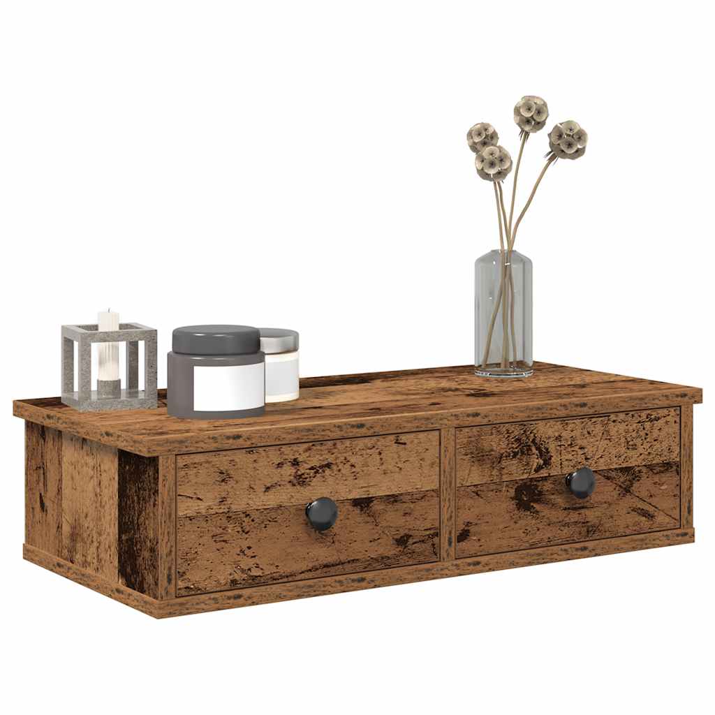 Vegghylle med skuffer gammelt tre 60x28x15 cm konstruert tre