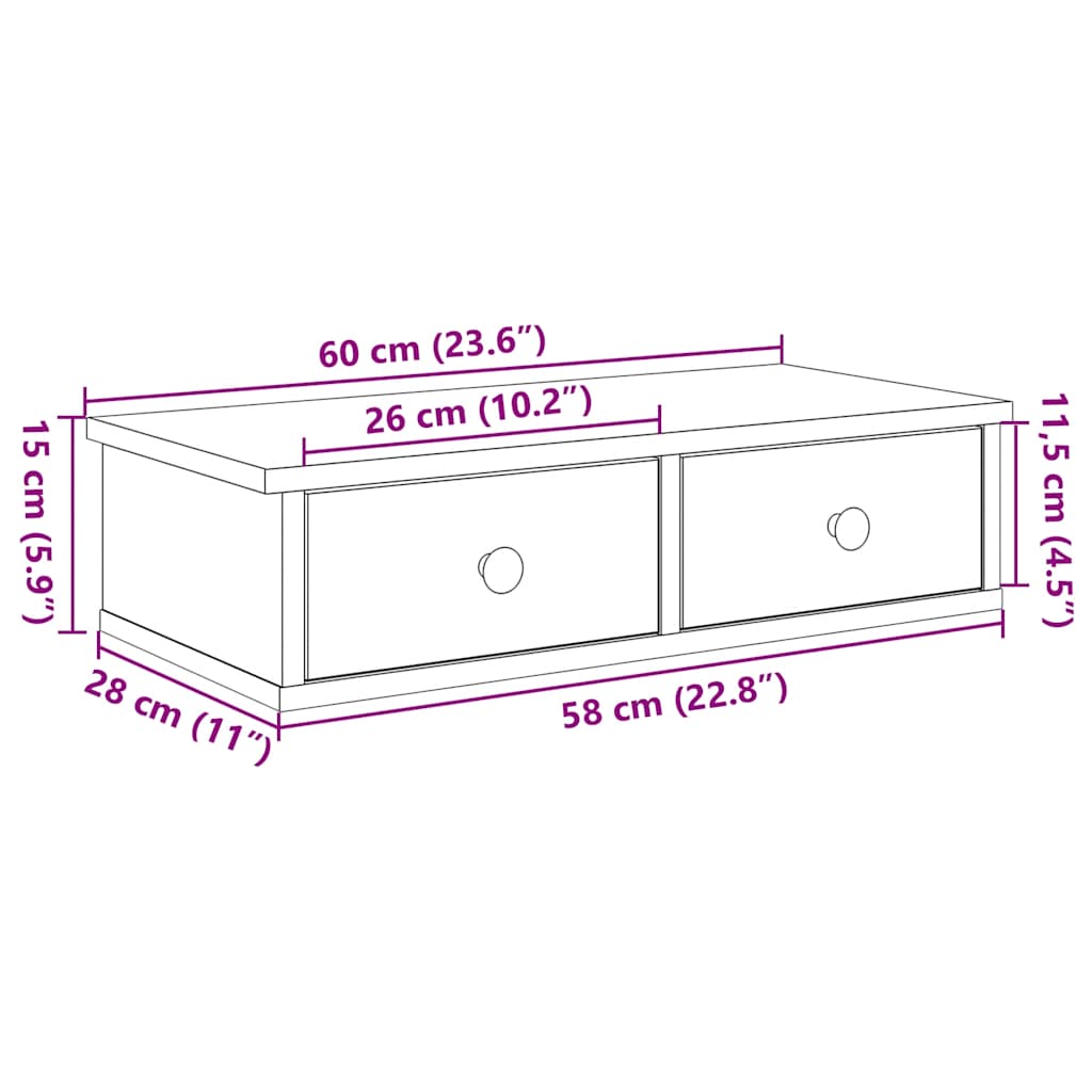 Vegghylle med skuffer artisian eik 60x28x15 cm konstruert tre