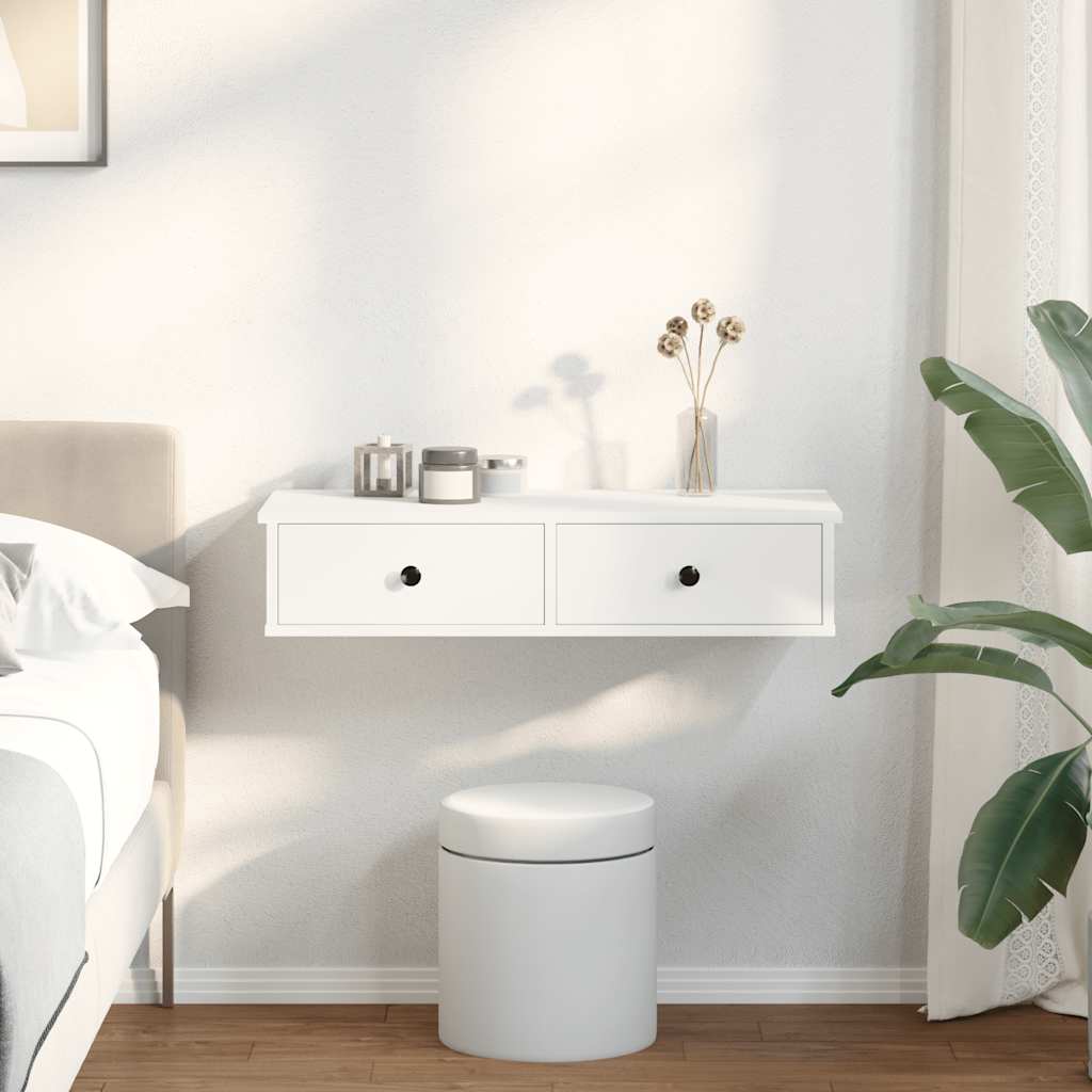 Vegghylle med skuffer hvit 80x34x17 cm konstruert tre
