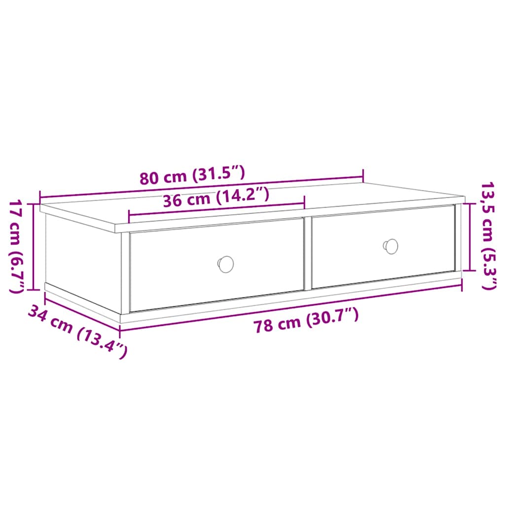 Vegghylle med skuffer hvit 80x34x17 cm konstruert tre