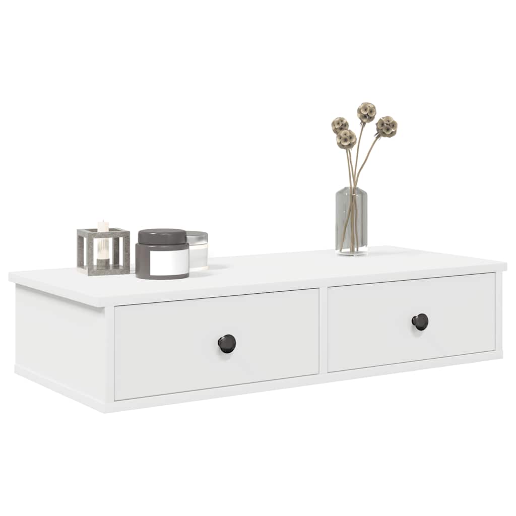 Vegghylle med skuffer hvit 80x34x17 cm konstruert tre