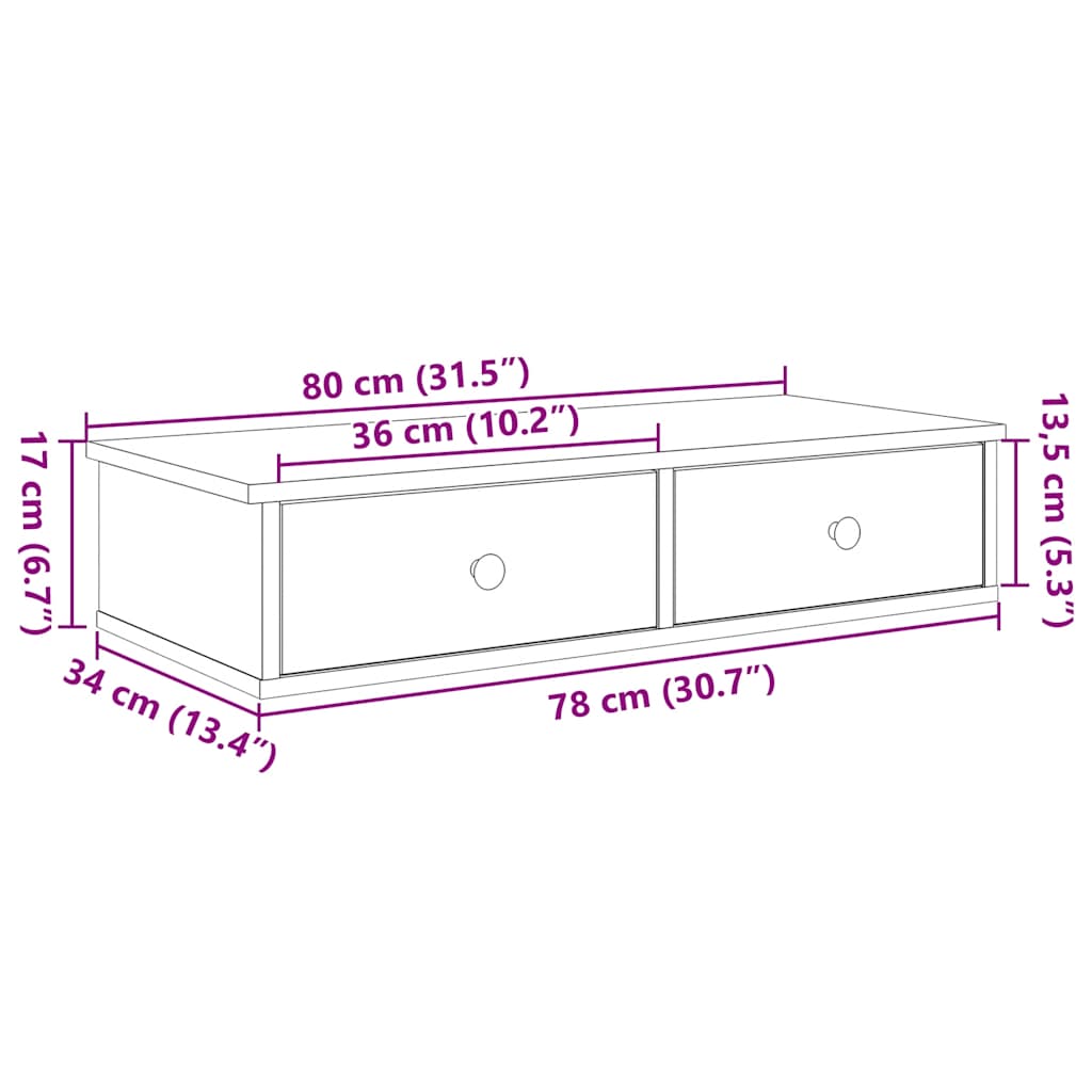 Vegghylle med skuffer sonoma eik 80x34x17 cm konstruert tre