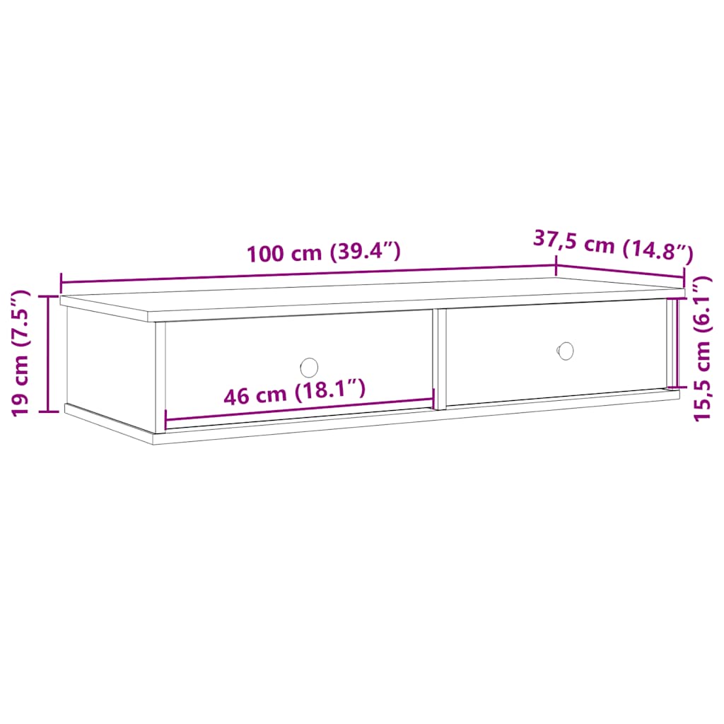 Vegghylle med skuffer sonoma eik 100x37,5x19 cm konstruert tre