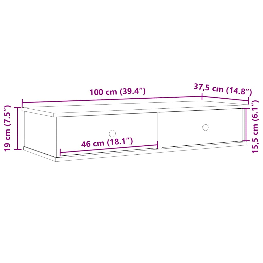 Vegghylle med skuffer røkt eik 100x37,5x19 cm konstruert tre